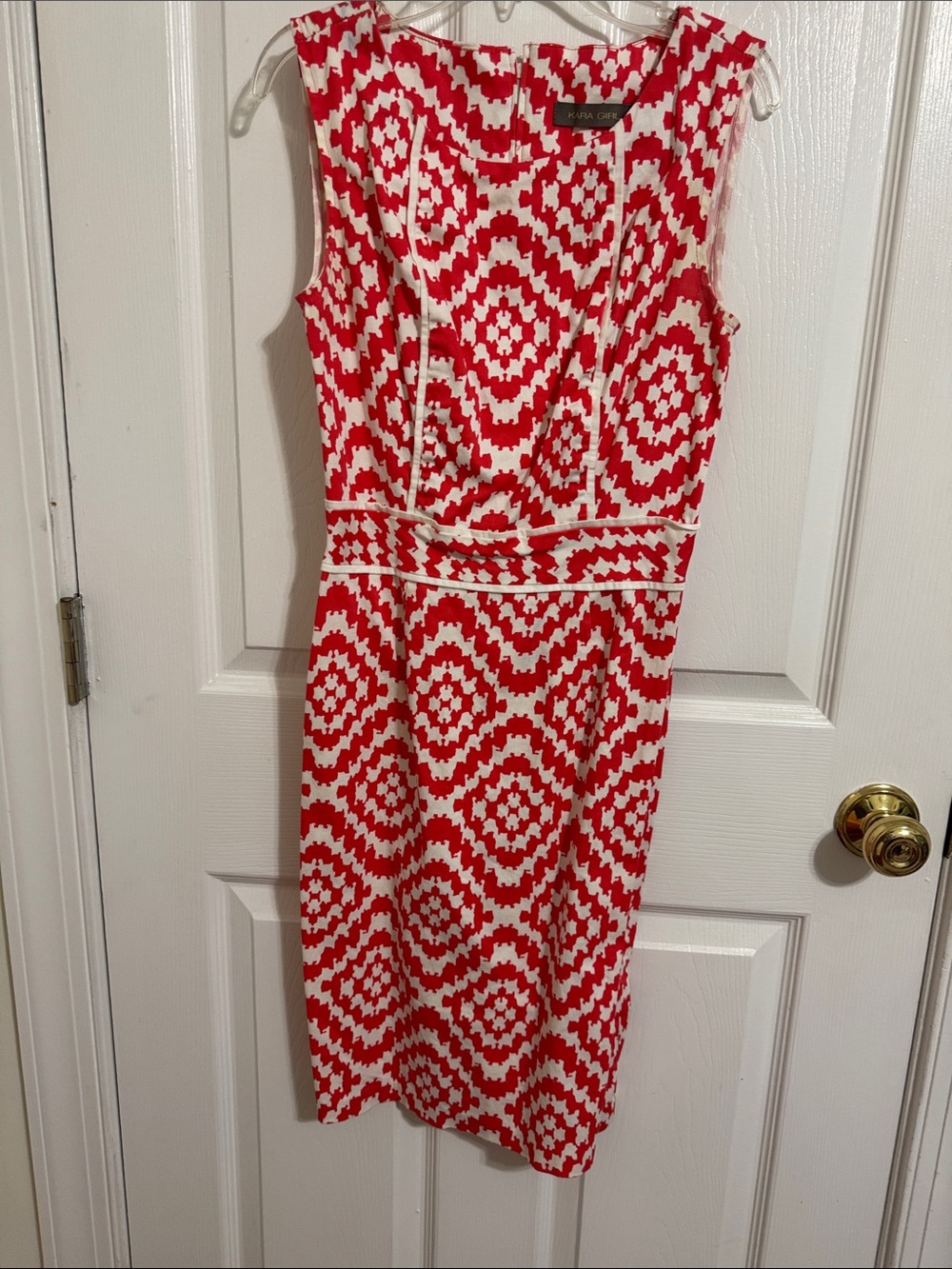 Sleeveless Red and White Geometric Midi Dress